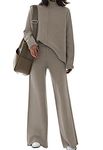 Women 2 Piece Outfits High Neck Knitted Sweater Wide Leg Pant Sweatsuit Lounge Sets, A-khaki, L