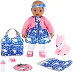 KOOKAMUNGA KIDS 18 Inch Black Baby Doll and Accessocies Set - Realistic Baby Doll - Baby Dolls for 2 Year Old Girls & Boys and Up - Toy Bottle - Diaper Bag - Blanket Pacifier & Fox Toy - Blue Foxdress