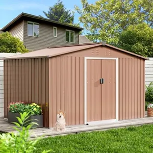 Garvee 8x10 Ft Metal Storage Shed with Pitched Roof & Lockable Door Galvanised Steel Storage Shed, Backyard Garden Patio Lawn Outdoor Sheds Large Garden Metal Shed for Garden, Patio, Backyard, Brown