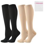 2 PCS Compression Socks for Women,Flight Socks for Women with Laundry Bag,Compression Stockings Women,Ladies Compression Socks,for Sports,Pregnancy,Travel(Skin Color + Black)