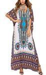 Women Kaftan Full Length Loose Summer Ethnic Print Cotton Maxi Dress Beachwear Night Wear (One Size, White)