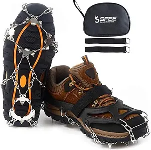 Sfee Ice Snow Grips Crampons Traction Cleats,19 Stainless Steel Spikes for Women Men Kids, Anti Slip Flexible Shoe/Boot Footwear for Walking Climbing Hiking Fishing Outdoor(Black,M(US:5-8))