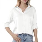 Women‘s Solid Blouse, Long Sleeve Button Down Shirt Classic Collared Tops, Formal Dress Blouses Tops, White, L