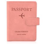 JQGO Passport Holder Cover, Travel Wallet with RFID Blocking, Case Organiser for Men&Women Soft PU Leather Travel Accessories for Credit Cards Boarding Passes (Pink)