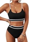 BMJL Women's High Waisted Bikini Ribbed Two Piece Swimsuit High Cut Color Block Adjustable Straps Bathing Suit(2XL,Black)