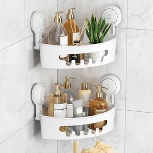 LEVERLOC Corner Shower Caddy Suction Cup, 2 Pack Shower Caddy Basket Powerful Suction Bathroom Shower Shelf Waterproof & Oil-proof Bathroom Organizer for Bathroom & Kitchen, No-Drilling Removable