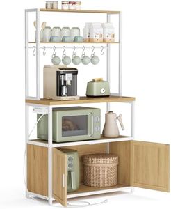 VASAGLE Kitchen Bakers Rack with Power Outlet, Coffee Bar with 35.4-Inch High Worktop, Microwave Stand with 8 Hooks, 15.7 x 31.5 x 66.9 Inches, Golden Oak and Cloud White UKKS059Y01