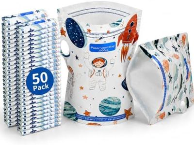 HeyFir Vomit Bags for Car Kids - Waterproof Paper, Dual Zipper Leakproof, Reinforced Wide Edges, Double-Sided Cartoon Design, 2000CC, Stand-Up Base & Carry Handle