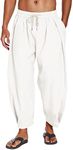 COOFANDY Men's Cotton Linen Harem Pants Drawstring Casual Cropped Trousers Lightweight Loose Beach Yoga Pants with Pockets White