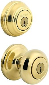 Kwikset Juno Keyed Entry Door Knob and Single Cylinder Deadbolt Combo Pack with Microban Antimicrobial Protection featuring SmartKey Security in Polished Brass