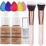 PHOERA Foundation Makeup for Wome Full Coverage Foundation Set,Face Primer Foundation Brush Powder Brush,5 Makeup Sponge,30ml PHOERA 24HR Matte Oil Control Concealer (105 Sand)