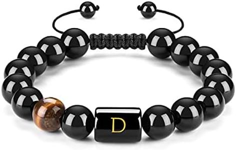 FRG Initials Bracelets for Men Letter Link Handmade Natural Black Onyx Tiger Eye Stone Beads Braided Rope Meaningful Bracelet