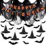 MOVINPE 71PCS Halloween Witch Hats Decorations，Happy Halloween Banner，3D Bats，Black Creepy for Cloth Halloween Party Supplies Decorations Outdoor Yard Home Decor