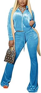 Chatinction Ladies Casual 2 Piece Outfits Velour Long Sleeve Full Zip Sweatshirt and Bell Bottom Pants Workout Set Light Blue XL