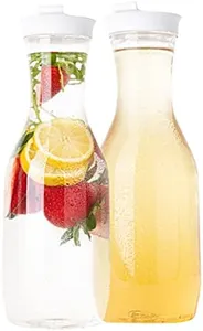 Plasticpro Clear Plastic Premium Water or Beverage Pitchers Heavy Duty Beverage Containers with Lids for Restaurants, Party's, or Schools 50 ounce Jugs Pack of 2