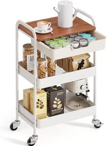 TOOLF 3-Tier Utility Rolling Cart with Wooden Board & Drawer, Metal Storage Cart with Handle, White Trolley Kitchen Organizer Rolling Desk with Locking Wheels for Office, Classroom, Home, Bedroom