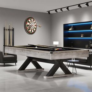 84" Pool Table with Rustic Grey Finish, X-Shaped Legs, Black Cloth, Billiard Balls, Cues, & Accessories–Billiard Table for Adults, Game Room & Home Entertainment (Grey)