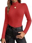 Ekouaer Women's Mock Turtleneck Long Sleeve Shirts Fall Ribbed Tops Fleece Basic Layering Soft Thermal Undershirts Tee Red L