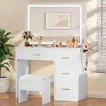 YITAHOME Makeup Vanity Table Set with Cushioned Stool, Large LED Mirror with 3 Color Lighting Modes, Power Outlets, and 4 Drawers