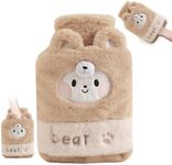 Nozibye 1L Hot Water Bottle with Plush Cover – Mini Hand Warmer for Kids & Adults, Hot & Cold Therapy with Pocket Design (Brown Bear)