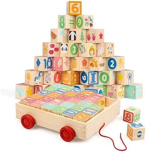 Joqutoys Wooden Building Blocks for Toddlers 1-3, Large Wood Baby Stacking Blocks Set for Kids, 30 PCS Alphabet Blocks with Toy Wagon, Educational Wooden Toys for Boys Girls Gifts 1.65"