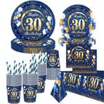 30th Birthday Party Supplies Serves 16,30th Birthday Party Disposable Tableware 85pcs Blue and Gold 9in 7in Plates Napkins Straws Tablecloth Cups for 30th Birthday Party Decorations