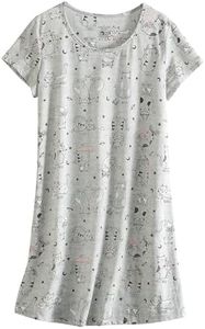 Amoy madrola Women's Cotton Nightgown Sleepwear Short Sleeves Shirt Casual Print Sleepdress XTSY108-Gray Cats-XL