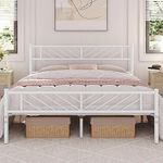 Yaheetech 5ft King Bed Frames Metal Slatted Bed Platform with Modern Headboard, Under-bed Storage, No Box Spring Needed, for Home Bedroom White