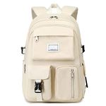 15.6 inch Laptop Rucksack, Multi-pocket Backpacks Girls Bookbags Solid Color, Waterproof School Bags for Girls Secondary School, Lightweight Casual Daypack (Beige)