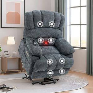 Large Power Lift Recliner Chairs with Massage and Heat for Elderly, Heavy Duty and Safety Motion Reclining Mechanism Chenille Skid Fabric Recliner Chair with USB Ports for Living Room (Blue Gray)