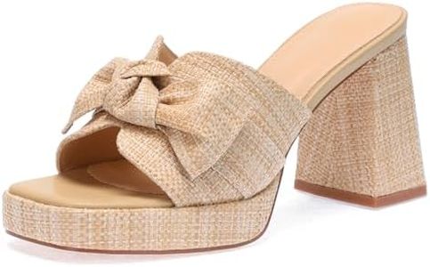 Monrovia Raffia Bow Platform Block Heel Sandals Beige Size 6