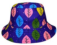 Coreteq Reversible Bucket Hat Summer Beach Fisherman Travel Outdoor Sun Protection with Wide Brim Printed Multi Color Leaves Blue and Grey Cotton Man Hats for Men Women Boys Girls Unisex, (Leaves)