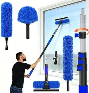 26FT Reach Duster Kit, Window Cleaning with 5-20FT Telescoping Extension Pole, High Ceiling Duster, Microfiber Feather Duster, Cobweb Duster, Window Squeegee, Feather Duster, Extendable Pole Kit