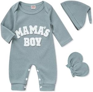 GRNSHTS Newborn Baby Boy Romper Waffle Coming Home Outfits Mama's Boy Letter Jumpsuit+Hat+Gloves 3PCS Clothes Set (Washed Blue, 3-6M)