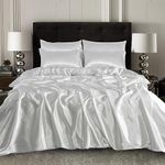 XXR SATIN SILK COMPLETE BEDDING SET DUVET COVER FITTED SHEET 4 PILLOW CASES 6 Pcs (White, Single)