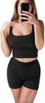 Cnlinkco Two Piece Outfits for Women Active Wear Sets Ribbed Workout Set High Waist Shorts Black S