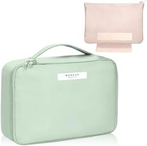 Makeup Bag Cosmetic Bag, Ginsco 2 Pcs Make Up Bags Women Large Travel Makeup Organizer Portable Waterproof Toiletry Bag with Handle for Girls Women Green