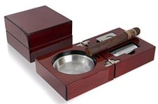 Mantello Cigars Folding Cherry Wood Cigar Ashtray Set with Triple Jet Torch Lighter and Cigar Cutter