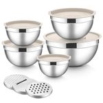 HaWare Mixing Bowls Set of 5, Stainless Steel Salad Bowl with Airtight Lids & 3 Grates, Metal Nesting Bowls Set for Baking/Prepping/Serving/Food Storage, Dishwasher Safe- 0.7/1/1.5/2.6/4.6L, Khaki