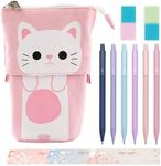 Cute Standing Pencil Case,Telescopic Pencil Box Makeup Pouch(Including 6 Pcs Mechanical Pencils+60 Leads+2 Erasers)