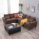 Panana Modern Upholstered Fabric L-Shape Corner Sectional Sofas, 3 Seater and 2 Seater Corner Couch for Living Room (Brown Fabric, 3 + 2 Corner, Scroll Arm)