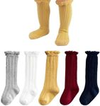 CozyWay Knee High Socks Newborn Infants Toddlers Girls 5 Pack Tube Ruffled Uniform Long Stockings, 6-12 Months