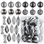 Prextex Grey Christmas Ball Ornaments for Christmas Decorations - 24 Pieces Xmas Tree Shatterproof Ornaments with Hanging Loop for Holiday and Party Decoration (Combo of 8 Ball and Shaped Styles)