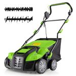 Goplus 2-in-1 Scarifier and Lawn Dethatcher, 16-Inch 15A Corded Electric Dethatcher w/ 14.5-Gal Collection Bag, 3-Position Height Adjustment & 5-Position Depth Adjustment, for Garden Yard (Green)