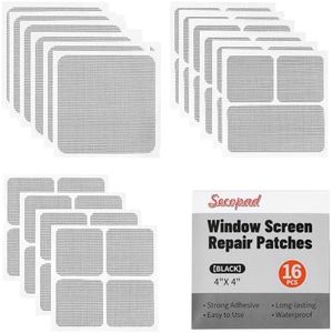Secopad 16 Sheets Window Screen Patches, Black 3 Sizes Window Screen Repair Kit for Mesh Door, Strong Adhesive Fiberglass Quick Repair Tape