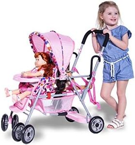 Joovy Toy Caboose Baby Doll Stroller Featuring Reclining Front Seat, Adjustable Footrest, Storage Basket, Extendable Canopy, and Snack Tray - Holds 3 Dolls (Pink Dot)