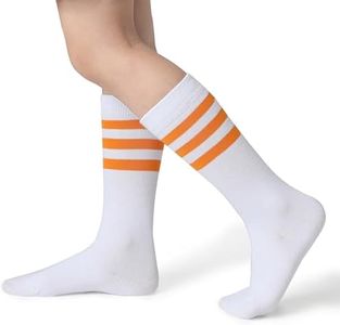Pareberry Boys Girls Over the Calf Striped Tube Socks Cotton Soft Retro Athletics Socks for Kids Age 4-9 (US, Age, 4 Years, 6 Years, A09-Orange/White)