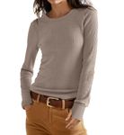 OLRIK Womens Waffle Knit Tops Slim Fitted Thumb Hole Long Sleeve Shirts Thermal Crew Neck Fall 2024 Khaki-S