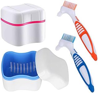 Denture Cleaner Box and Brush Set - 2 Pack Denture Bath Case with Basket + 2 Pack Denture Brush, Portable Denture Retainer Storage Box, False Teeth Brushes for Oral Care (Blue and Red)