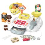 Pretend Play Calculator Cash Register Toy, 36 PCS Supermarket Shop Toys with Scanner, Play Food, Play Money for Kids, Grocery Store for Boys & Girls，Gifts for Ages 3 4 5 6 (Yellow)